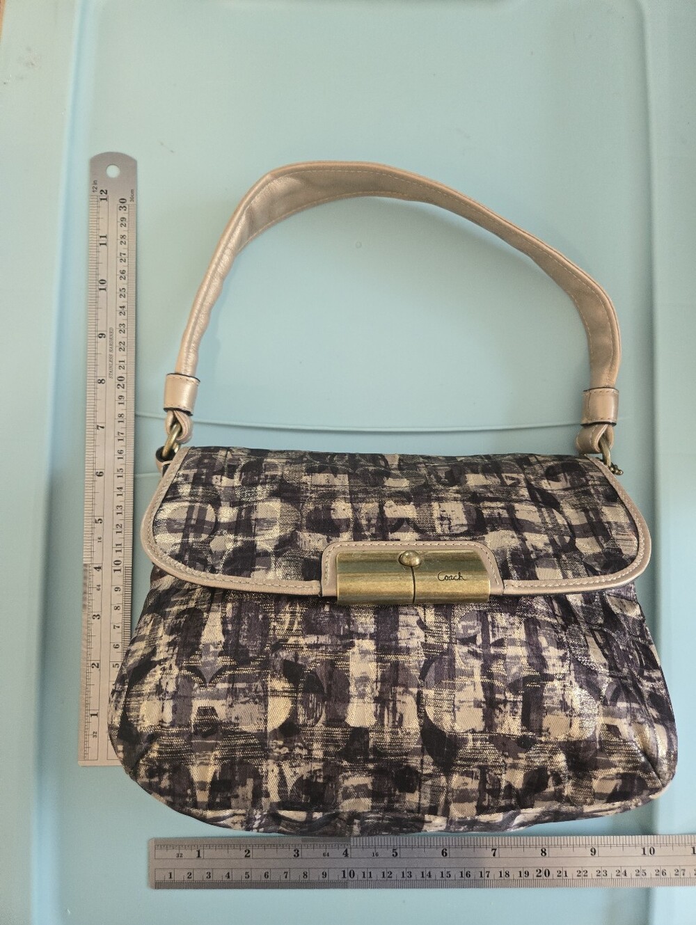 Coach Metallic Op Art Shoulder Bag Gold Trim Handbag